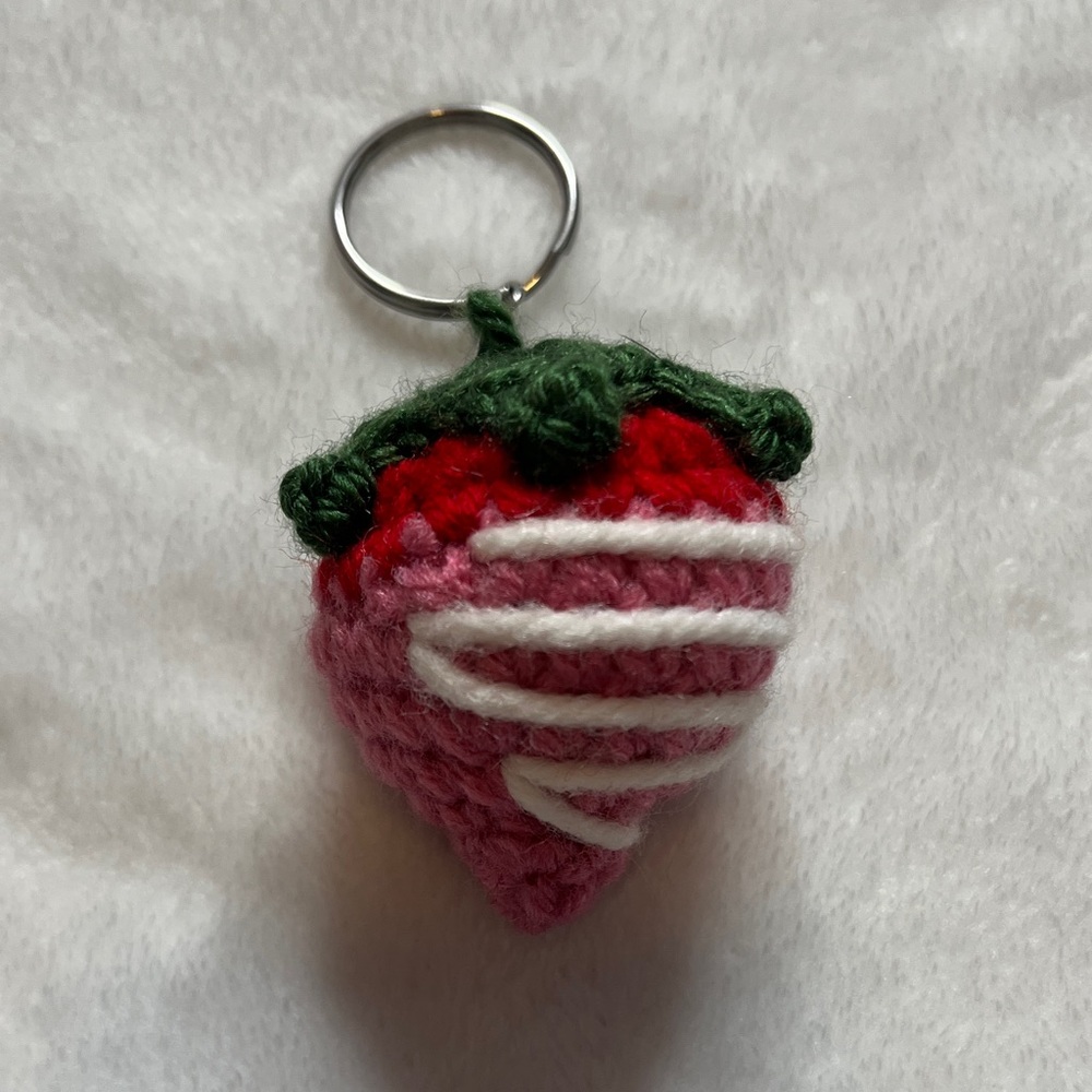 Crochet Strawberry with white “chocolate” drizzle Keychain, true to size